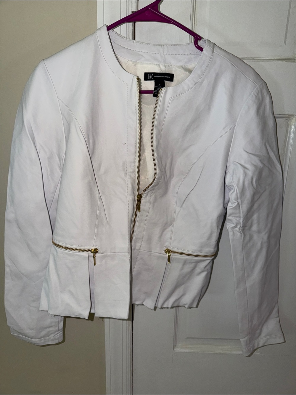 INC International Concepts White Faux Leather Zip Jacket with Gold Accents